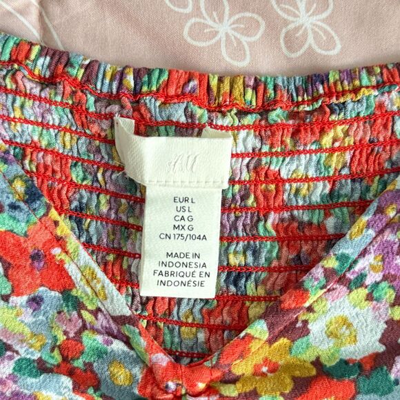 Floral Print Blouse With Drawstring Long Balloon Sleeves Size Large H&M - Picture 8 of 9